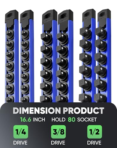 Image of ALOANES Magnetic Socket Organizer Set, 6PC Heavy Duty Aluminum Socket Holder Organizer, 360 Swivel Clips Socket Holder Kit for Toolbox Drawer Fit 1 /2, 3 /8, 1 /4-Inch x 80 Clips (Blue, 6PC)