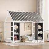 Merax Twin Size House Bed with Fence and Roof, Wood Floor Bed with Two Movable Wardrobes, Low Floor Bed Frame for Kids, Teens, Boys or Girls,Grey