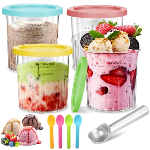 KutaKuta 4 Pack Ice Cream Tubs 24oz/800ml Creami Deluxe Tubs for NC500 NC501 Series BPA-Free Dishwasher Safe with 4 Spoons and Aluminium Scoop