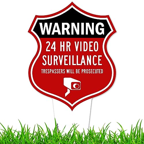 Image of Warning, 24 Hr Video Surveillance Sign, 7x13, Heavy Duty Integrated Ground Stakes, Indoor /Outdoor Use, Rust Free Aluminum Composite, Made in USA by My Sign center