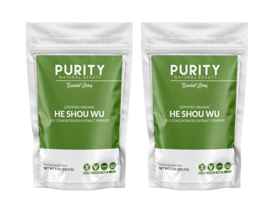 Purity Natural Beauty Certified Organic He Shou Wu - Large 5oz Bag of 30:1 Concentrated-Fo-ti - Organic Foti Extract- Fo ti He Shou Wu Organic (Pack of 2-10 Ounces)