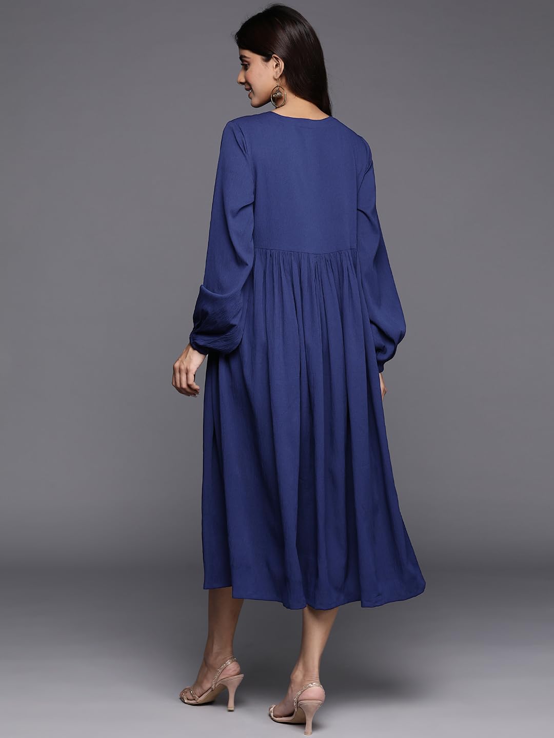 Varanga Women Blue V-Neck Bishop Sleeves A-Line Dress With Gathered Details And Flared Hem (Medium)