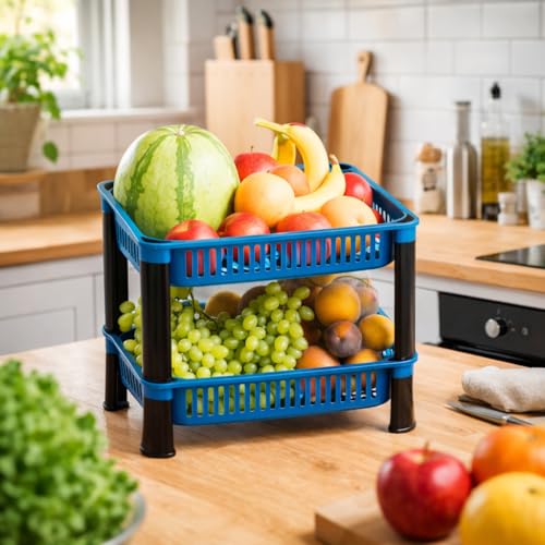 Image of Plastic Kitchen Rack, Multipurpose Vegetable & Fruit Storage Basket Organizer for Home, Pantry & Kitchen - Strong & Easy to Assemble (2 Layer, Blue)