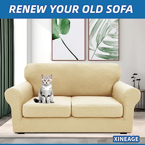 XINEAGE 2025 New 3 Pieces Couch Covers for 2 Cushion Sofa Super Stretch Loveseat Slipcover Pet Dog Universal Slip Cover Anti Slip Love Seat Furniture Protector (Beige, 55"-69")