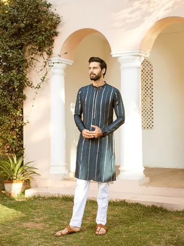 Image of See Designs Men Full Sleeve Chanderi Silk Sequins Mandarin Collar Side Slit Kurta With Pyjama