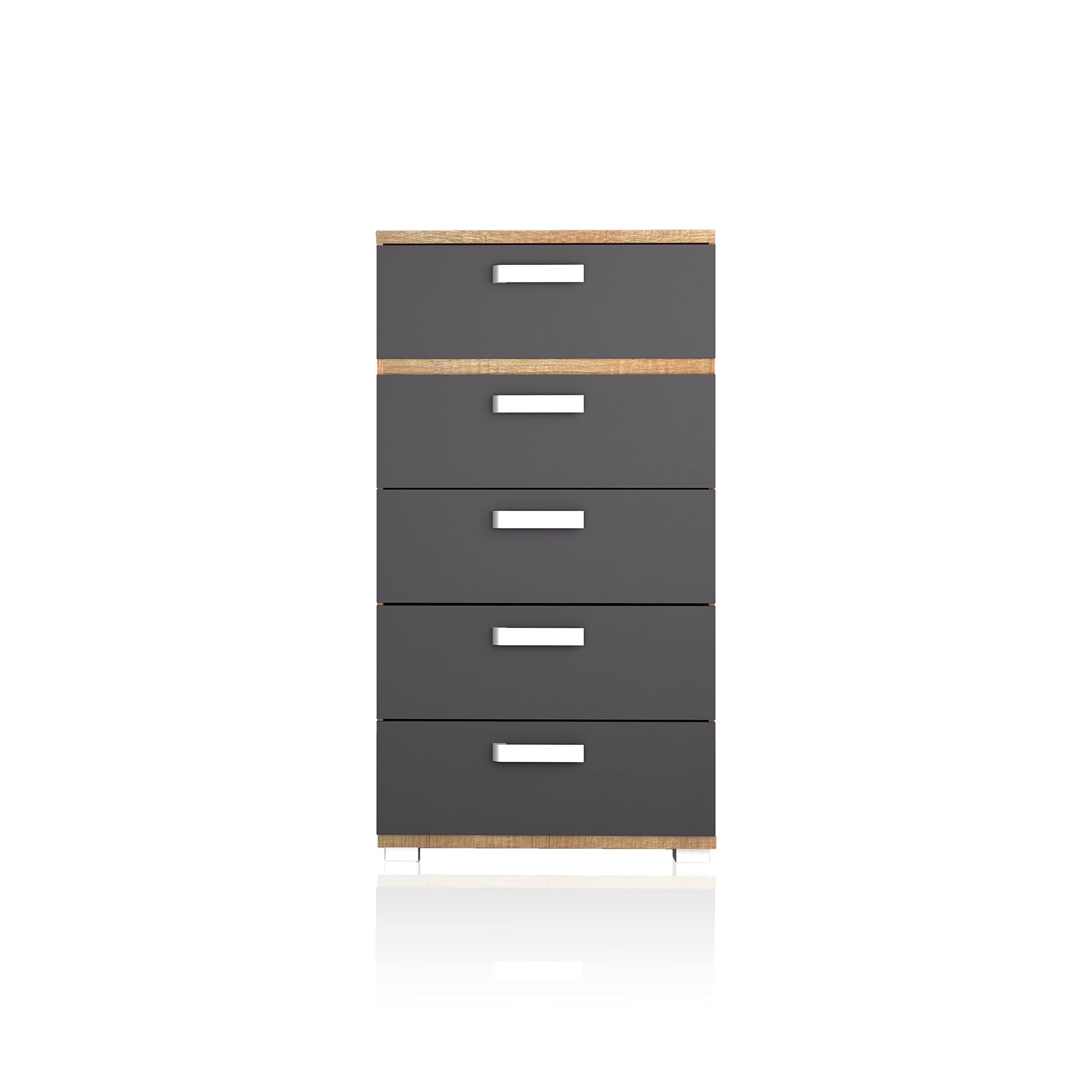 duehome | Sinfonier 5 Cajones, Cómoda, Almacenaje Dormitorio, Modelo Ataneq, Acabado en Cambria y Grafito, Medidas: 60 cm (Largo) x 109,4 cm (Alto) x 39,6 cm de (Fondo)