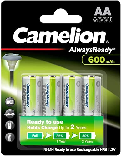 Camelion Always Ready akumulatory Ni-MH AA / HR6, 4 sztuki, pojemność 600 mAh, możliwość ponownego ładowania, wydajne baterie jednorazowe do urządzeń elektronicznych do optymalnego zasilania