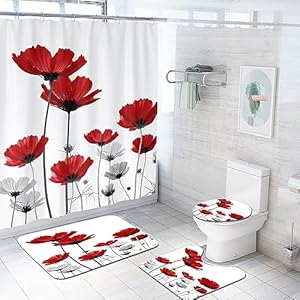 Coxila Red Floral Shower Curtain Sets Grey White Rose Abstract Poppy Flowers Elegance Art Toilet Lid Cover U Shaped Bath Mat 4 Pcs Decor Bathroom Non-Slip Rug Fabric Polyester 60×72 Inch