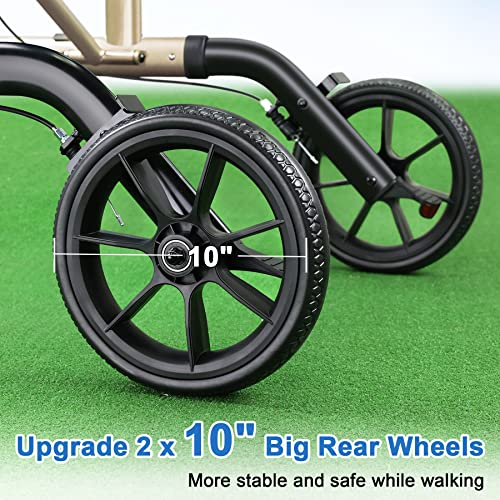 Walk Mate 2 In 1 Rollator Walker For Seniors With Widen Seat Padded Backrest, 10” Wheels Medical Transport Chair Rollator Walker, Detachable Adjustable Footrests Folding Walker Wheelchair Combo, Gold #TOP1