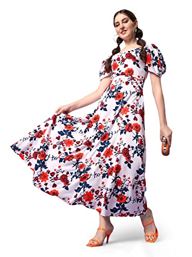 Image of Sheetal Associates Women's Puff Sleeve V-Neck Floral Printed Fit & Flare Casual Maxi Dress