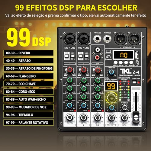 TKLBLS Mixer de áudio Profissional, TKLBLS Mixer de Som Com DSP de 99 bits 48V Phantom Power Interfa