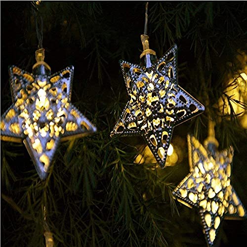 AMZSTAR Solar Metal String Lights 10 LEDs Silver Star Warm White Light for Outdoor Garden Summer Party Wedding Xmas Decoration (Star)