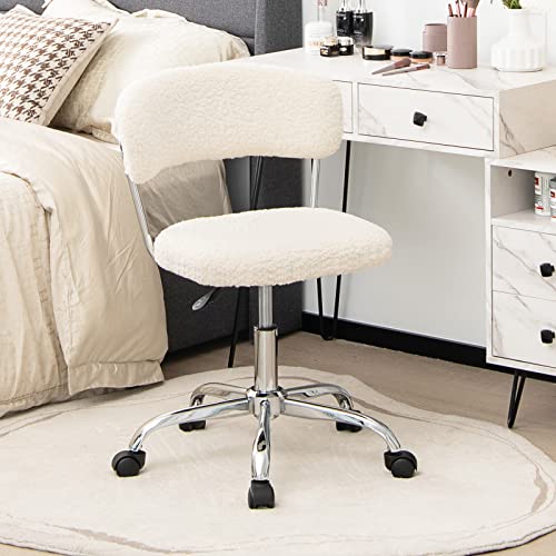 Giantex Home Office Chair, Faux Fur Low Back Swivel Leisure Chair W/Height Adjustable Padded Seat, Rolling Armless Vanity Chair W/Galvanized Steel Frame For Bedroom Study Guest Room, White #TOP3