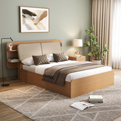 Image of Wakefit Bed | 3 Yr Warranty | Bed Queen Size, Storage Box, Foam-Cushioned Upholstery Headboard with Storage, Density: 680-750 kg /m, Fits Mattresses Up to 8 inches (Scandi 78x60- UT)