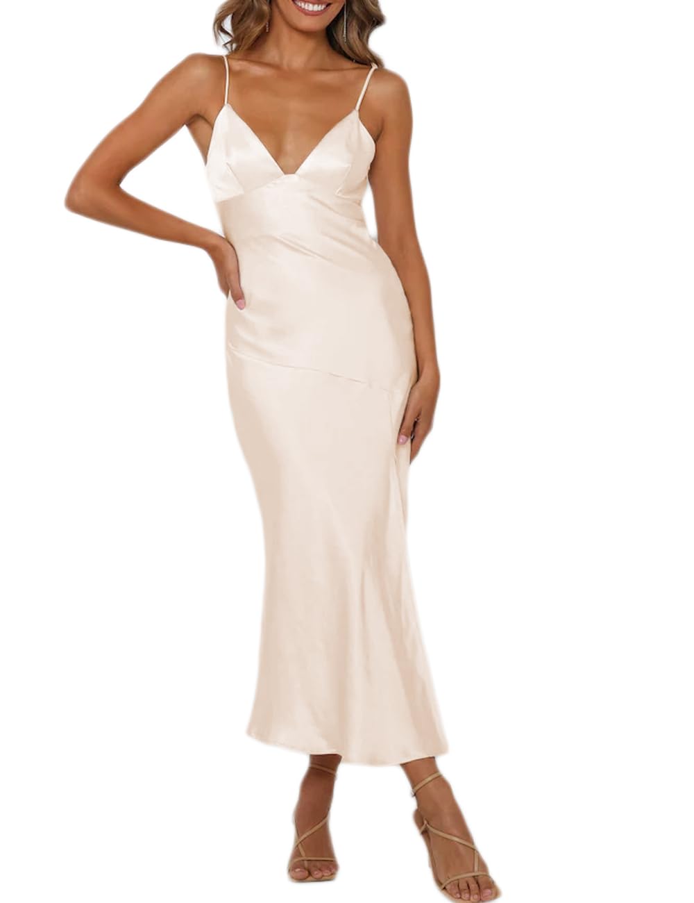 HKMECRI Summer Satin V Neck Silp Midi Dress for Women Wedding Guest 2025 Sexy Spaghetti Strap Backless Long Dresses with Slit