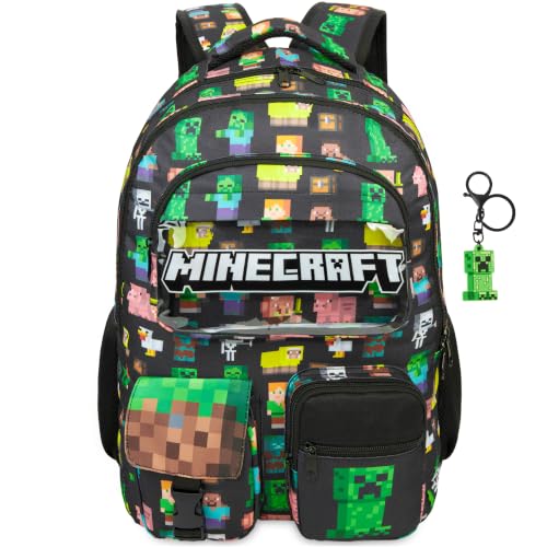 Get Trend Mochila Minecraft com chaveiros para meninos (Minecraft preto/verde)