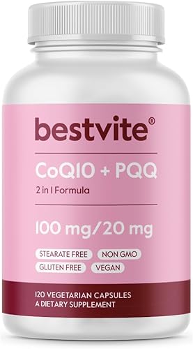 BESTVITE Coq10 100 mg con PQQ 20 mg (120 cápsulas vegetales) - Sin estearatos - Vegano - Sin OMG - Sin gluten - Coq10 con PQQ
