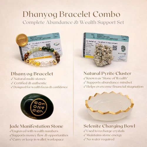 Image of Certified original Dhanyog Combo for wealth & prosperity |Manifest wealth with Pyrite Citrine Tiger Eye Jade Bracelet | Bead size (8mm), multicolour| with Natural & certified Pyrite stone cystal( 20-30 gms) for willpower& Manifestation|Selenite charging bowl (9*9cms) with golden rim| Perfect Vastu gift for housewarming & business