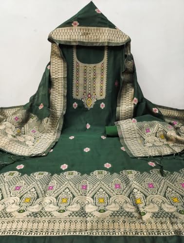 Image of Chanderi Suit Vol 5 | Pure Chanderi Banarasi Silk (3m) | Soft Cotton Bottom (2.5m) | Woven Chanderi Banarasi Silk Dupatta (2.3m) with Tassels, Unstitched Material, Fits up to 60 inch, Length 48