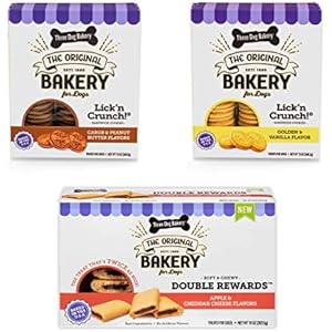 Three Dog Bakery Classic Cookies Variety Pack Premium Treats for Dogs Carob/Peanut Butter Golden/Vanilla & Double Reward