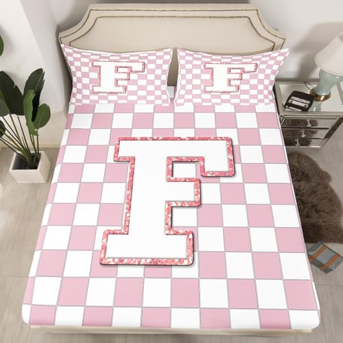 Image of Erosebridal Pink Initial F Sheet Set Full Kawaii Plaid Checkered Bed Sheets Cute Personalized Monogram Bedding for Kids Girls Teen Women,Fashion Grids Gingham Bed Sheets Set 4 Piece