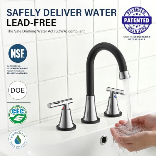 Image of Bathroom Faucet 3 Hole, Black& Chrome Faucets with Drain and Supply Lines | Hurran Stainless Steel Lead-Free Widespread Bathroom Sink Faucet for Vanity RV Restroom Laundry Outdoor Utility Sink