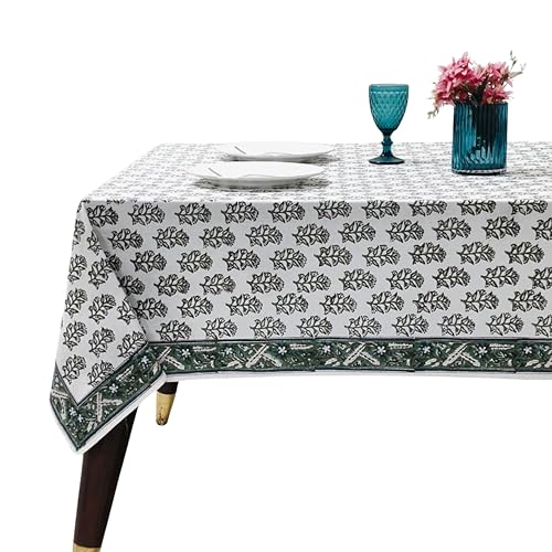 Ridhi Evergreen Grace Hand Block Print Rectangle Tablecloth 108x70 Inch - image 1