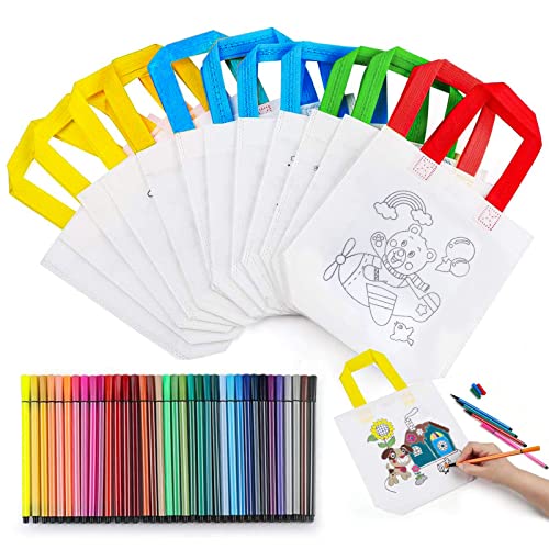 CTDMJ 16Pcs Sacs à Main à Colorier & 36 Couleurs Stylo, Sac Non tissé Peinture, DIY Sac Peinture Enfants, Sac Tissu pour Peinture Doodle, pour Cadeaux fête d'anniversaire, des écoles, des Arts, etc.