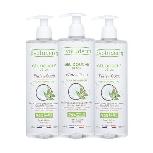 EVOLUDERM - Gel Douche Pluie de Coco - 500 ml - 96% d'Origine Naturelle - Végan - Fabrication Française - Lot de 3 x 500 ml