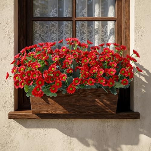 Image of HyeFlora Artificial Mums for Outdoors Fall Decor, 6 Bundles Fake Flowers UV Resistant Realistic Faux Flowers Bouquet Silk Flowers for Outside Planter Porch Patio Garden Yard Balcony Home, Red