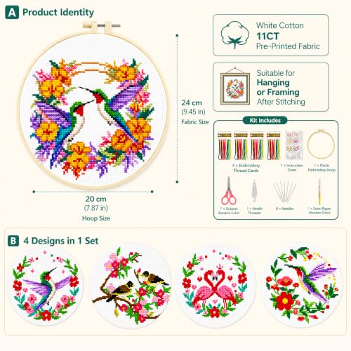 Image of Zhenqing Cross Stitch Kit for Beginners 4 Pack Bird Floral Embroidery Kit 11CT Stamped Aida Cloth DIY Pre Printed Cross Stitch Kits with Hoop Needle Thread Home Wall Decor Craft Gift Set