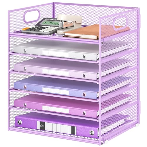 6 Tiers Letter Tray Paper Organizer with Handle, Mesh Desk File Organizer, Metal Desktop Document Shelf Organization, Paper Sorter Organizer for Office, Home or School File Folder Holder - Purple