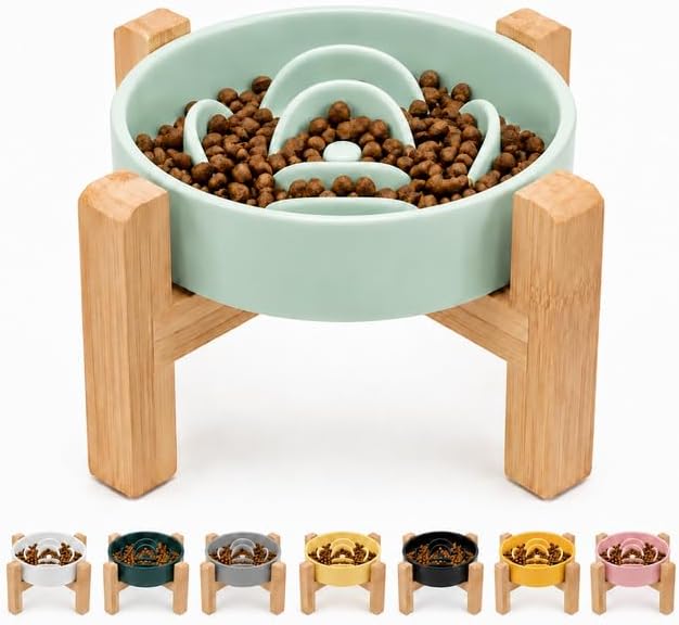 Comedouro elevado lento de cerâmica para cães Petygooing com labirinto e suporte de bambu, Light Blue
