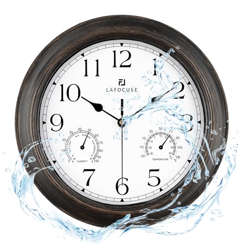 Lafocuse 30cm Reloj de Pared Exteriores Impermeable con Termómetro e Higrómetro, Vintage Reloj Marrón Rustico Retro, Silencioso Clasico Decoracion para Exterior, Jardín, Balcón, Piscina, Baño, Cocina
