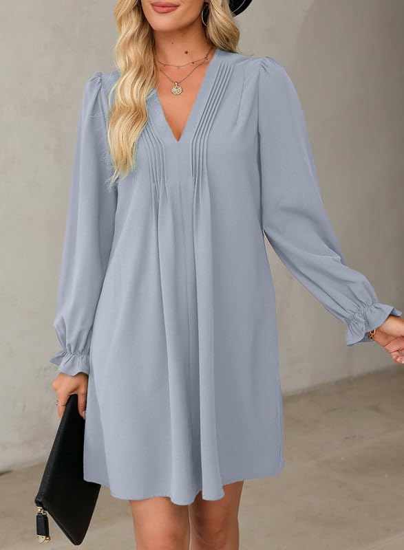 Image of Dokotoo Womens Casual Dress A-Line Ruffle Sleeve V Neck Midi Dress 2025 Fashion Pleated Flowy Sundress Loose Shirt Dresses