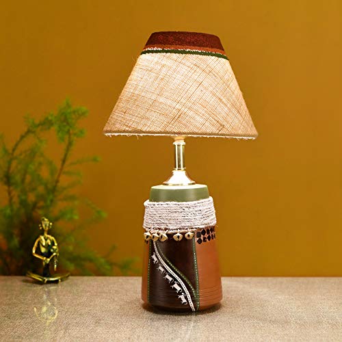 Image of AAKRITI ART CREATIONS Terracotta Table Lamp for Study Room, Bedroom & Living Room Decoration | Kalamkari Handwoven Tribal Pattern Bedside Lamp with Jute Woven Fabric Shade | Aesthetic Night Lamp