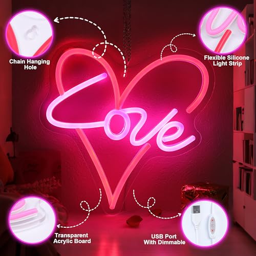 Image of Heart Neon Sign, Neon Light for Girl's Room Bedroom Party, Love Shaped Wall Decor with Dimmable LED Light, Romantic Birthday Mothers Day Wedding Anniversary Xmas Gift for Women Girlfriend Mom