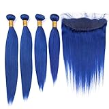 Dark Blue Hair Bundles and Closure Peruvian Straight Pure Blue Weaves Human Hair 4 Bundles with Lace Frontal Navy Blue Virgin Hair Extensions with Full Lace Closure 13x4" (14 14 14 14 with 12)