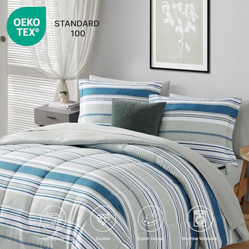 Image of Monbix Full Size Comforter Set - 7 Pieces Bed in a Bag Full, Blue-Stripe Bedding Sets, All Seasons Comforter Bed Set with Sheets, Pillowcases & Shams