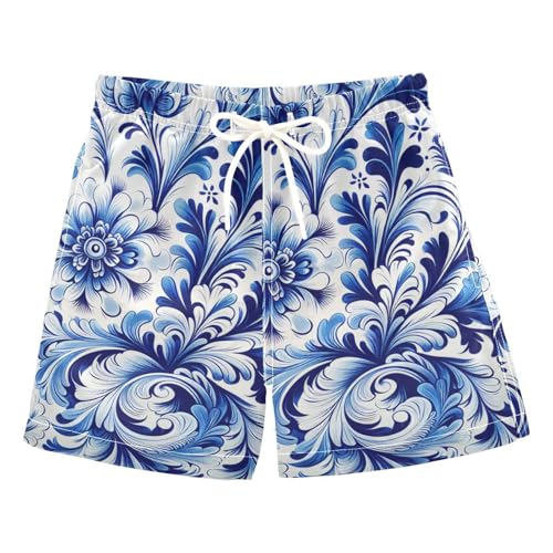 FLildon Blue White Floral Tile Little Boys Swim Trunks with Mesh Lining Quick Dry Beach Board Shorts, 3T