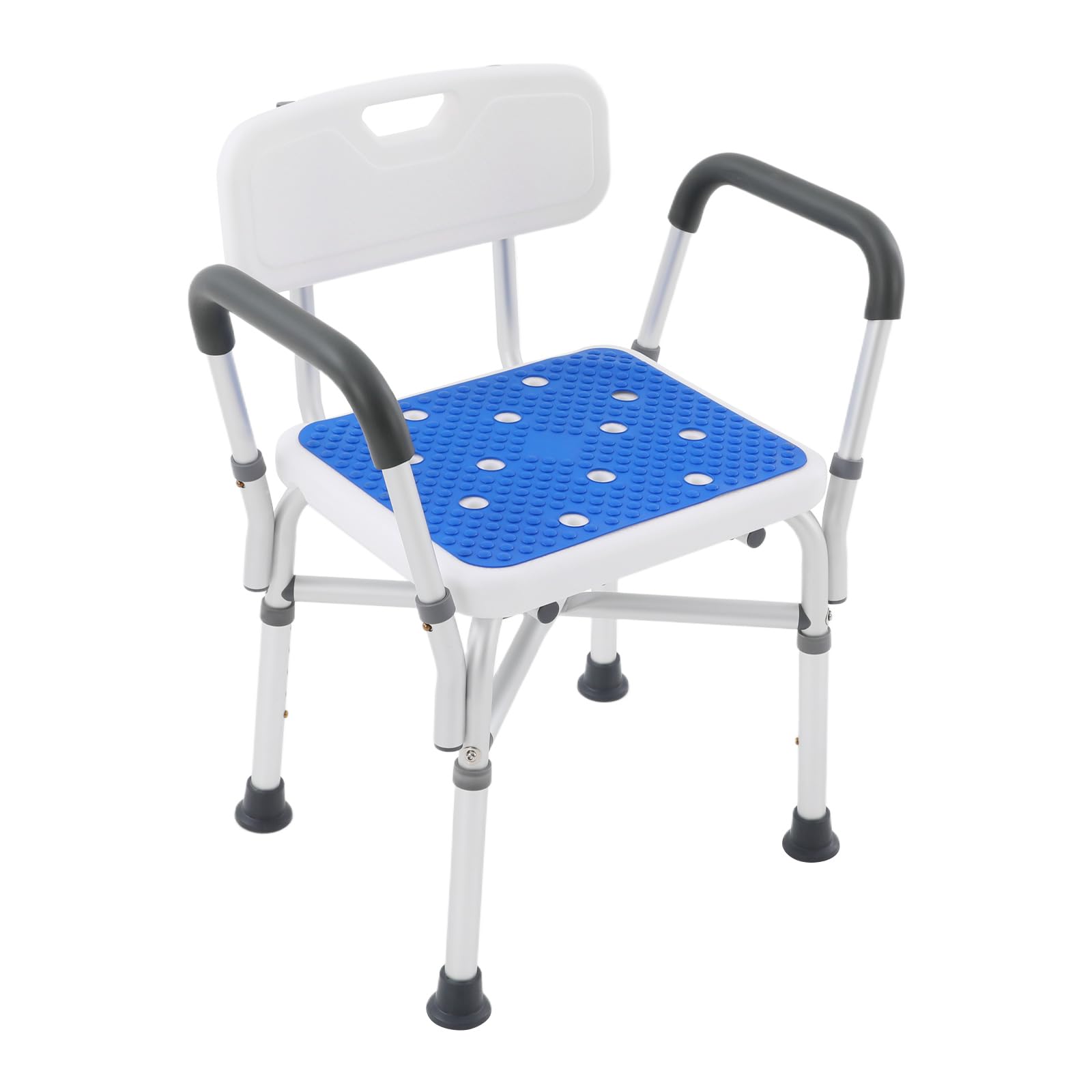Silla de Ducha Ajustable de 34 a 42cm,Taburete de Ducha Antideslizante de hasta 250kg,con Respaldo,reposabrazos y cojín de Silicona extraíble,Silla de bañera de Acero para Ancianos y Discapacitados
