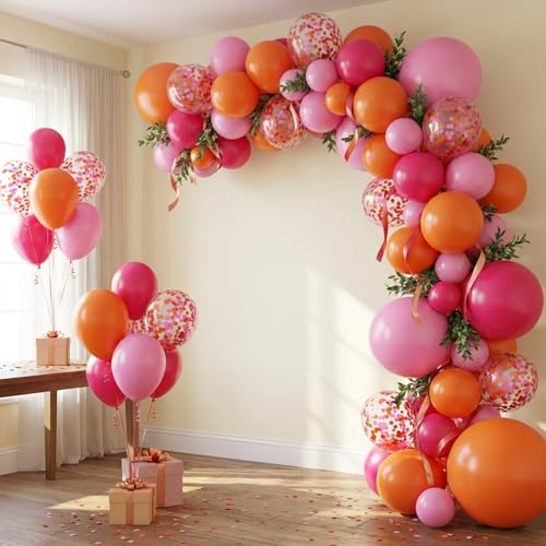 Image of Pink and Orange Balloons, 55PCS light pink balloons 12inch Pink Orange Confetti Balloons for Baby Shower, Birthday, Wedding, Tropical Party decorations