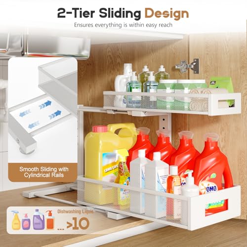 Image of 2 Pack 17IN Depth Under Sink Storage Organizer, Large 2-Tier Elegant Mesh Pull Out Shelf for Kitchen and Bathroom Cabinet Organization, L-Shaped and Adjustable Height Design-White
