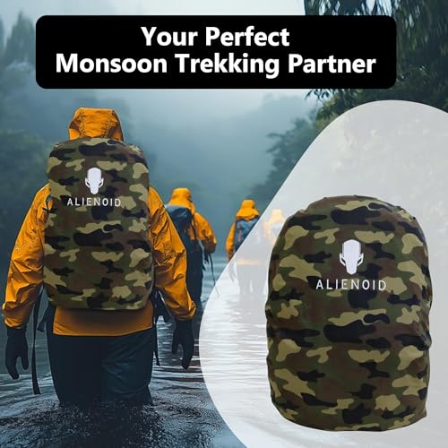 Image of Alienoid Waterproof Bag Rain Cover | Rain, Dust & Scratch Protection | Elastic Fit Luggage Cover | Ideal for Backpack, Trekking, Travel, School, Office (20-30L) (Camouflage Green)