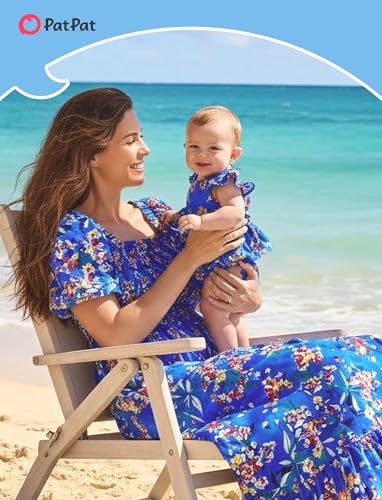 Image of PATPAT Family Matching Outfits Mommy and Me Dresses Floral Dress & T-Shirts | Mommy and Me Easter Dresses, Puff Sleeve Floral Sundress, Cotton Blend T-shirts, Couples Party Wedding Vacation Outfits