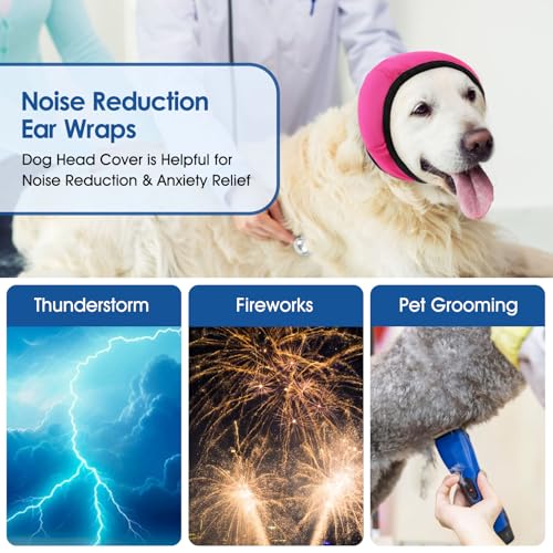 Image of Dog Ear Wraps Dog Calming Hoodie Anxiety Relief Ear Cover for Dogs | Water Resistant Noise Protection Ears Muffs for Firework, Grooming, Thunderstorms, Swimming, Bathing, Hot Pink M
