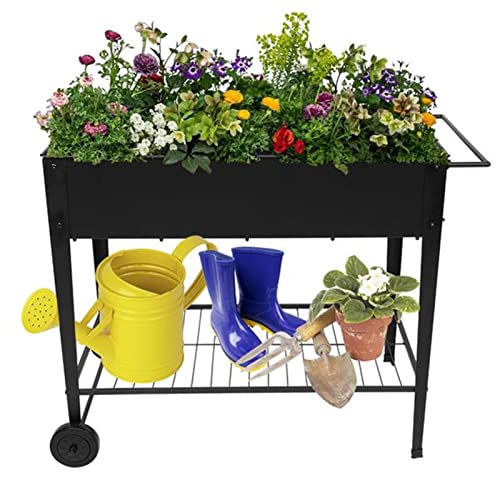 Carro de cama de jardín elevado de metal móvil con patas, caja de plantación alta elevada con ruedas para casa interior exterior patio patio trasero verduras tomate bricolaje cultivo de hierbas