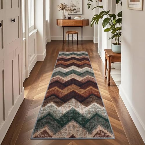 TUKDAK Tappeti Runner Boho Per Corridoio Antiscivolo 60x180cm, Tappeto Runner Geometrico Lavabile Da Cucina, Tappeto Lungo Boho Per Ingresso, Camera Da Letto, Lavanderia, Soggiorno, Marrone Verde