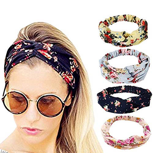 MiaoMa Headbands for Women Vintage Elastic Flower Printed Head Wrap Stretchy Moisture Hairband Soft Fabric Twisted Cute Hair Accessories 4 Pack