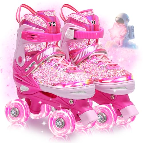 OLYSPM Patines 4 Ruedas,Empeine Luminiscente,4 Tamaños Ajustables con 8 Ruedas Que Brillan de Almacenamiento para Niñas y Niños(Rosa)